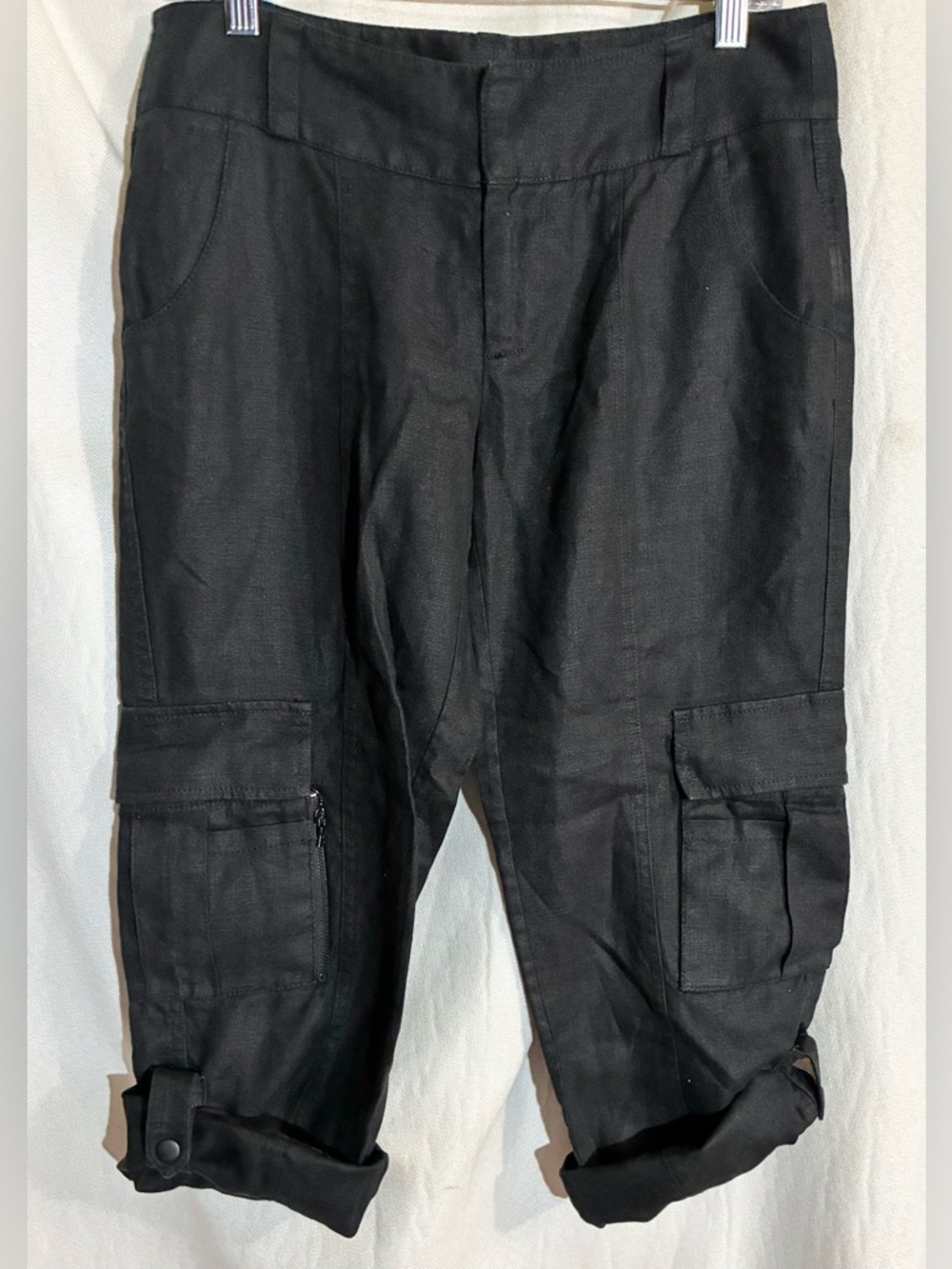 Alice + Olivia Black Linen Utility Ants Sz 4 Cargo zip Pockets Organic Beach